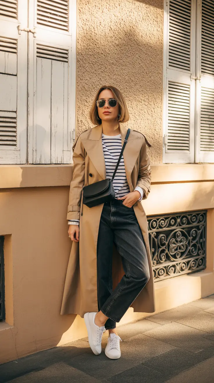 Casual Mom Outfits 2026 Classic Trench And Stripes For Rain Ready Chic