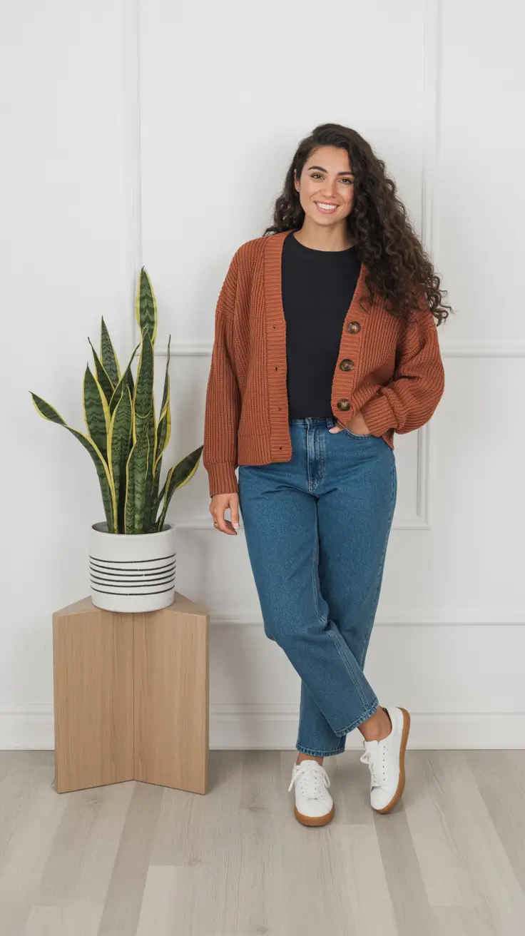 Casual Mom Outfits 2026 - Rust Cardigan And Straight Denim For Cozy Weekend Plans
