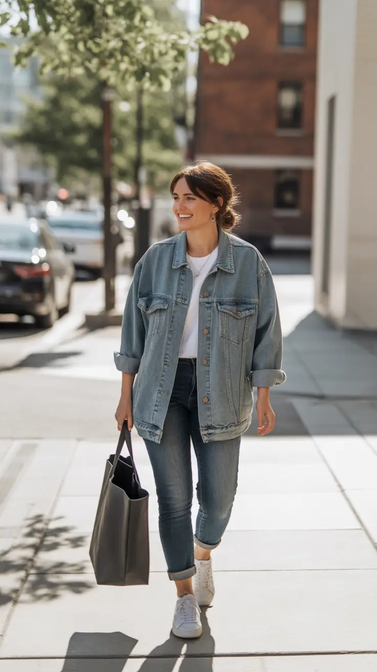 Casual Mom Outfits 2026 - Oversized Denim Jacket And Dark Skinnies For On The Go Days