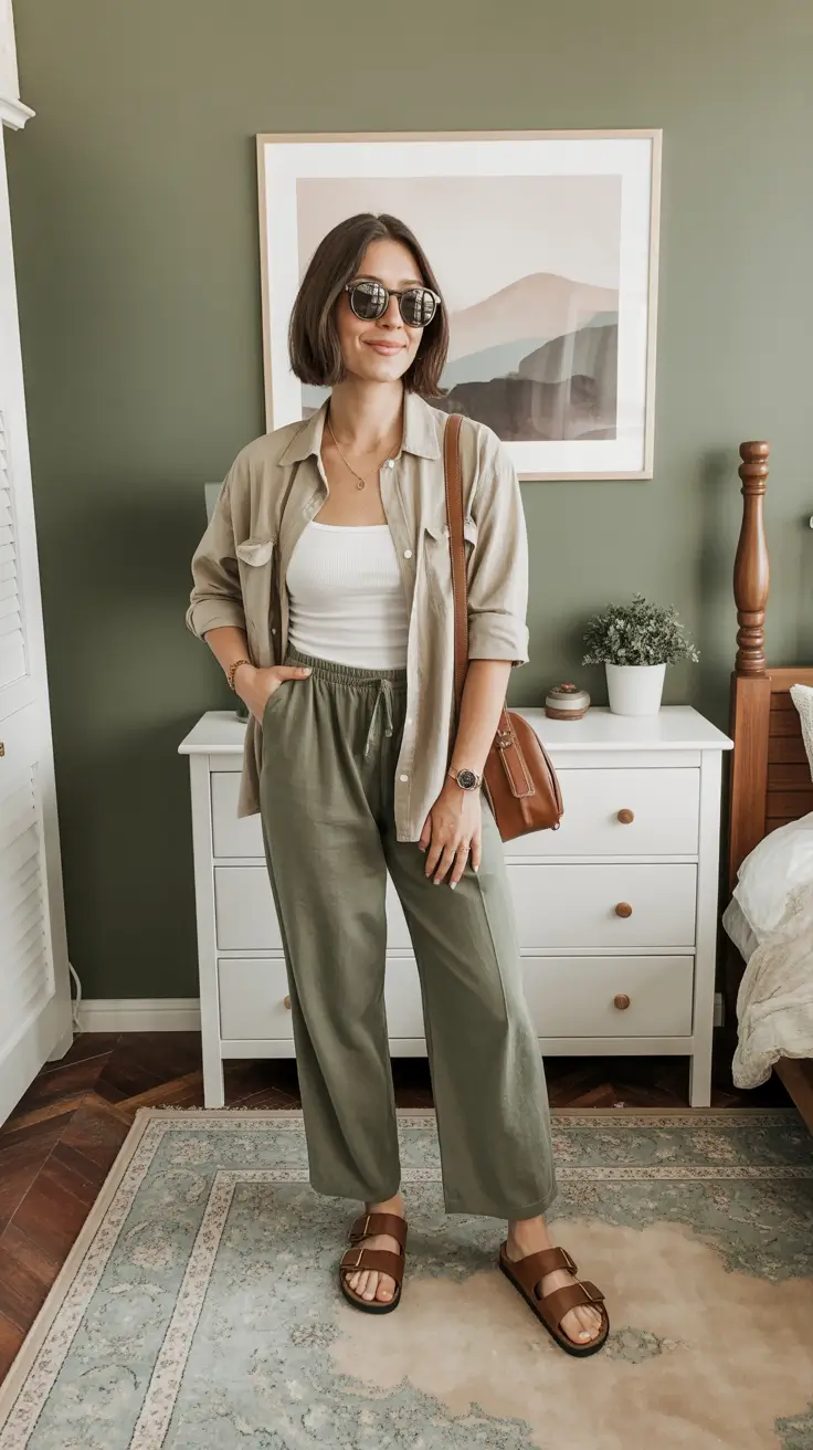 Casual Mom Outfits 2026 Relaxed Olive Pants With A Polished Weekend Layer