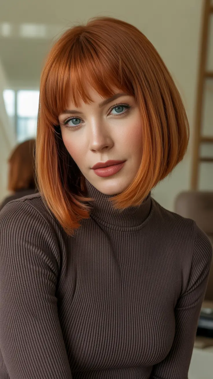 Copper Hair Color 2026 Sleek Copper Bob With Fringe