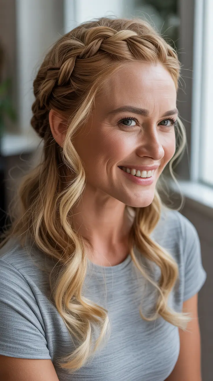 Cute braided hairstyles 2026 Crown Braid Half Up With Soft Blonde Waves