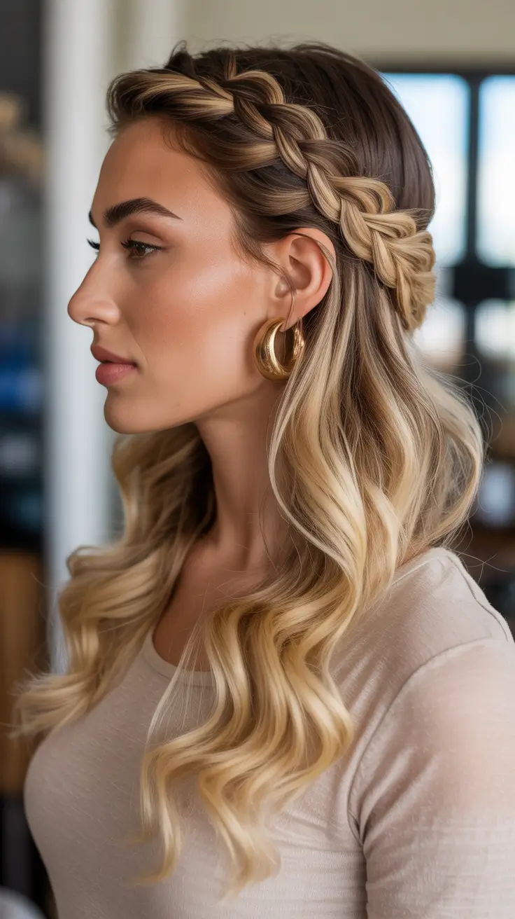 Cute braided hairstyles 2026 Half-Up Side Crown Braid With Soft Blonde Waves