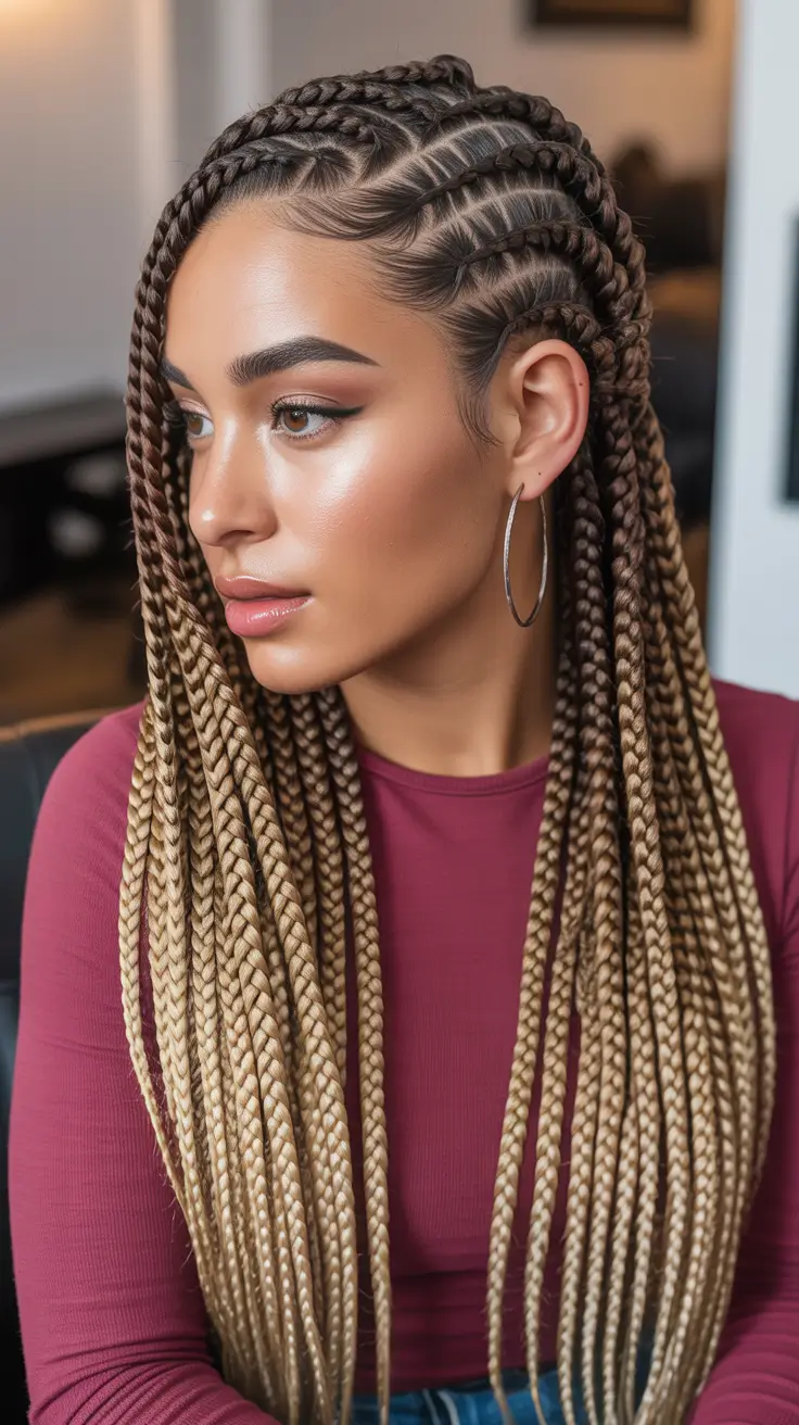 Cute braided hairstyles 2026 Honey Ombre Knotless Box Braids With Side Cornrows