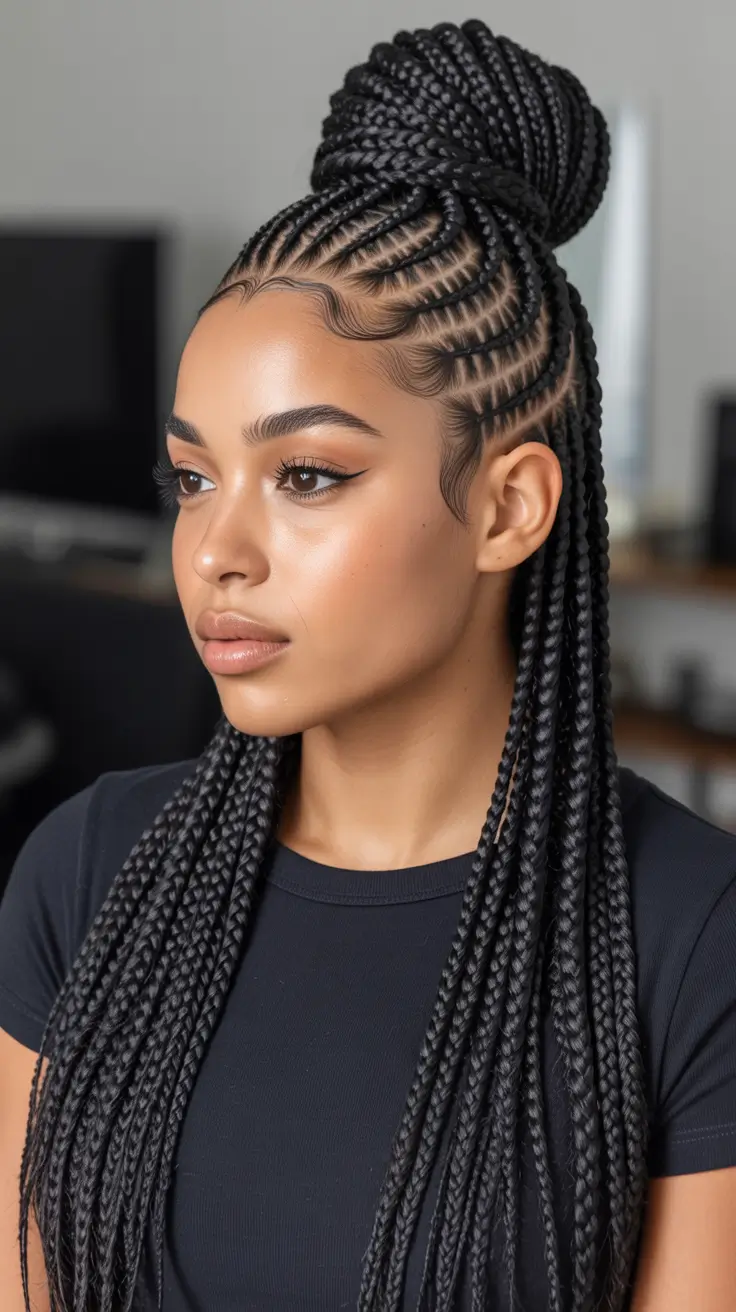 Cute braided hairstyles 2026 High Braided Bun With Clean Cornrow Geometry