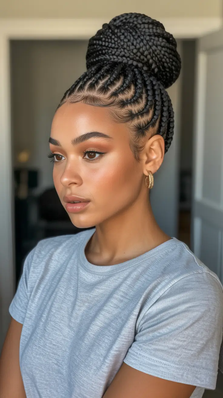 Cute braided hairstyles 2026 Feed-In Cornrow Bun With Laid Edges Energy