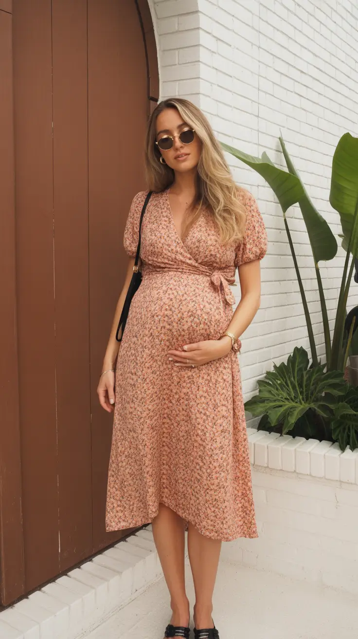 Cute pregnancy outfits 2026 - Blush Floral Wrap Midi Dress With Sunglasses