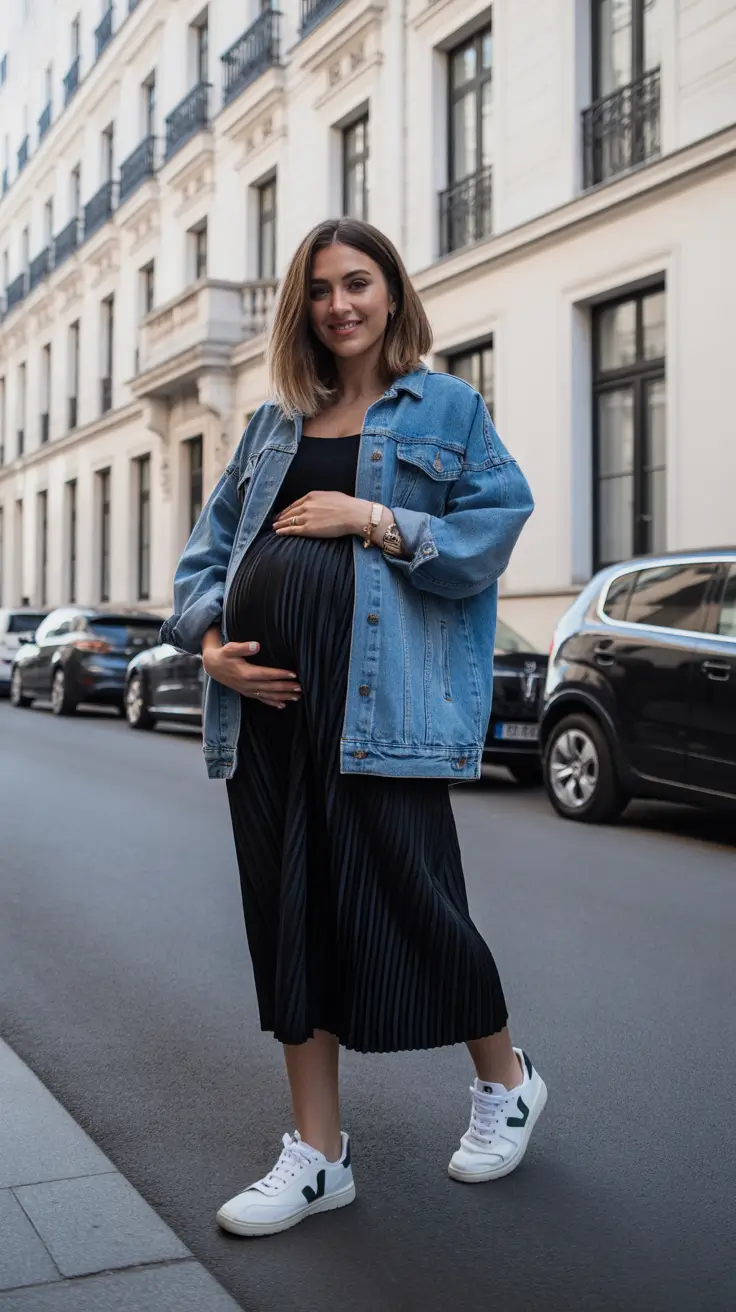 Cute pregnancy outfits 2026 - Black Pleated Dress With Oversized Denim Jacket