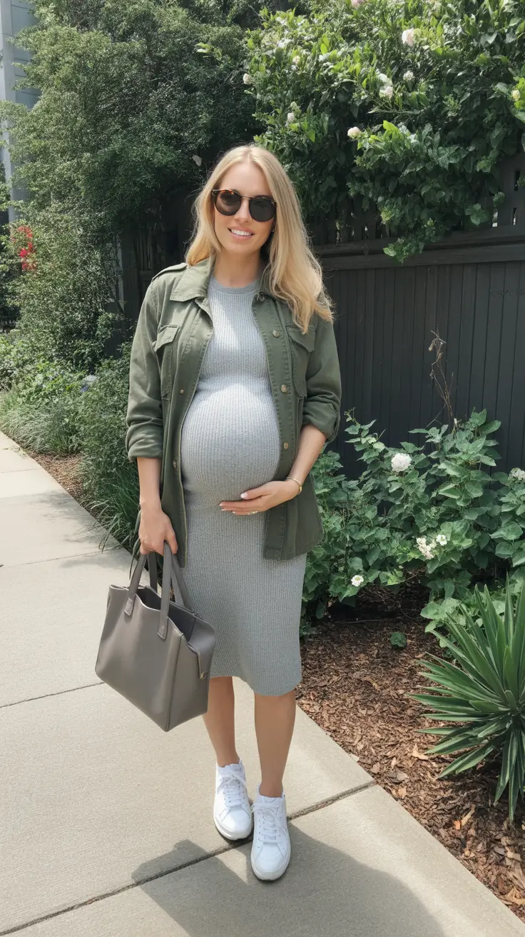 Cute pregnancy outfits 2026 - Ribbed Knit Dress With Utility Jacket And Sneakers