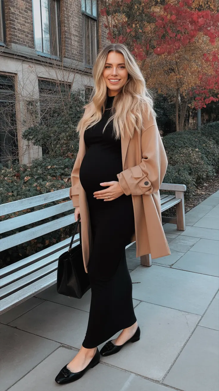 Cute pregnancy outfits 2026 - Minimal Black Column With A Camel Coat Moment