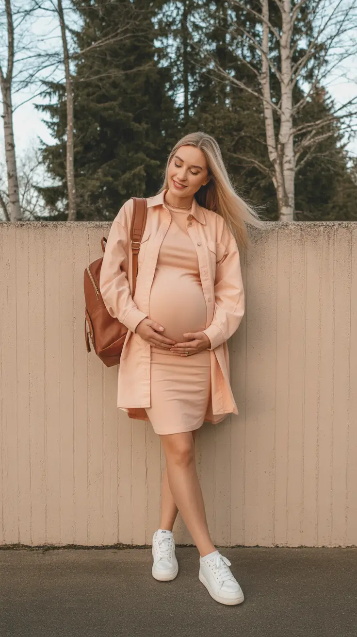 Cute pregnancy outfits 2026 - Peachy Casual Layers With Sneakers And A Backpack
