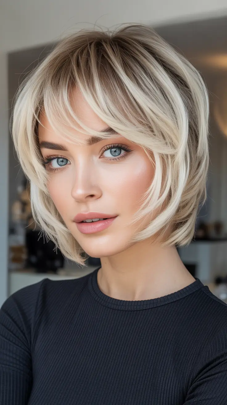 Cute short hairstyles for women 2026 - Layered Blonde Bob With Curtain Bangs And Shadow Root