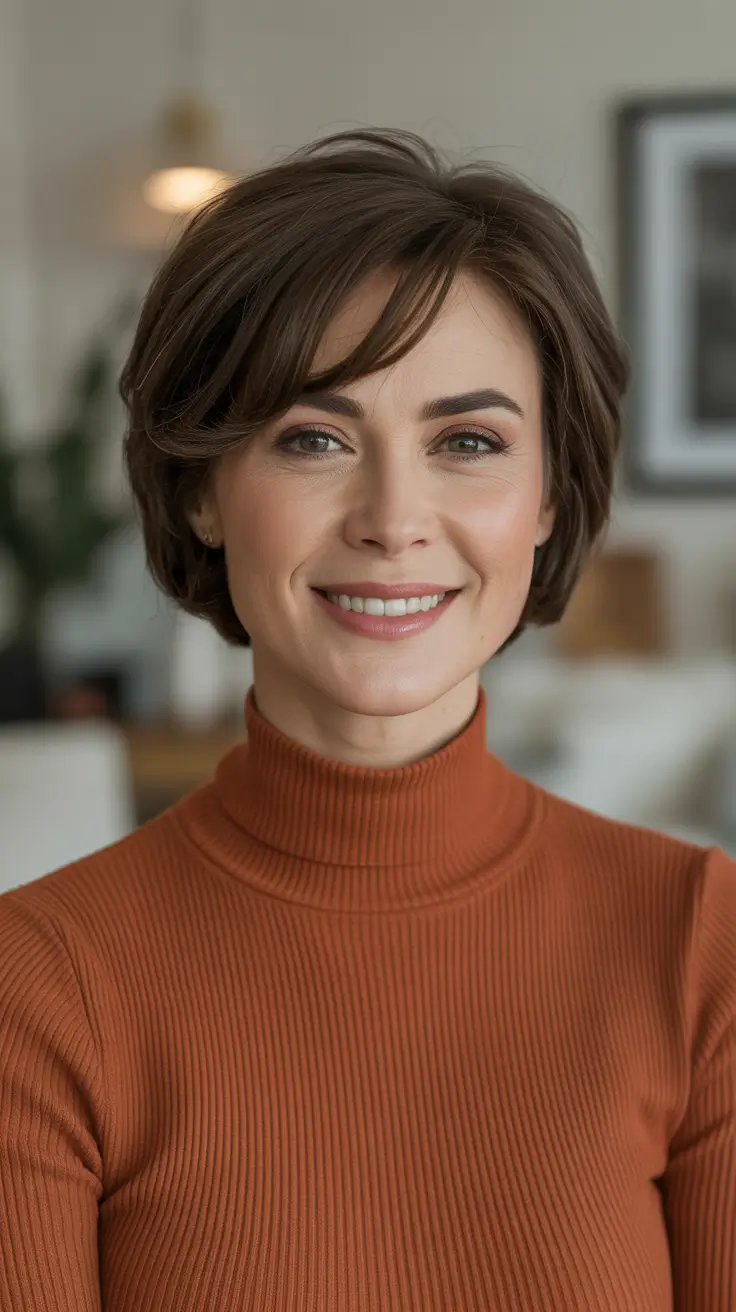 Cute short hairstyles for women 2026 Classic Sculpted Brunette Bob With Side Fringe