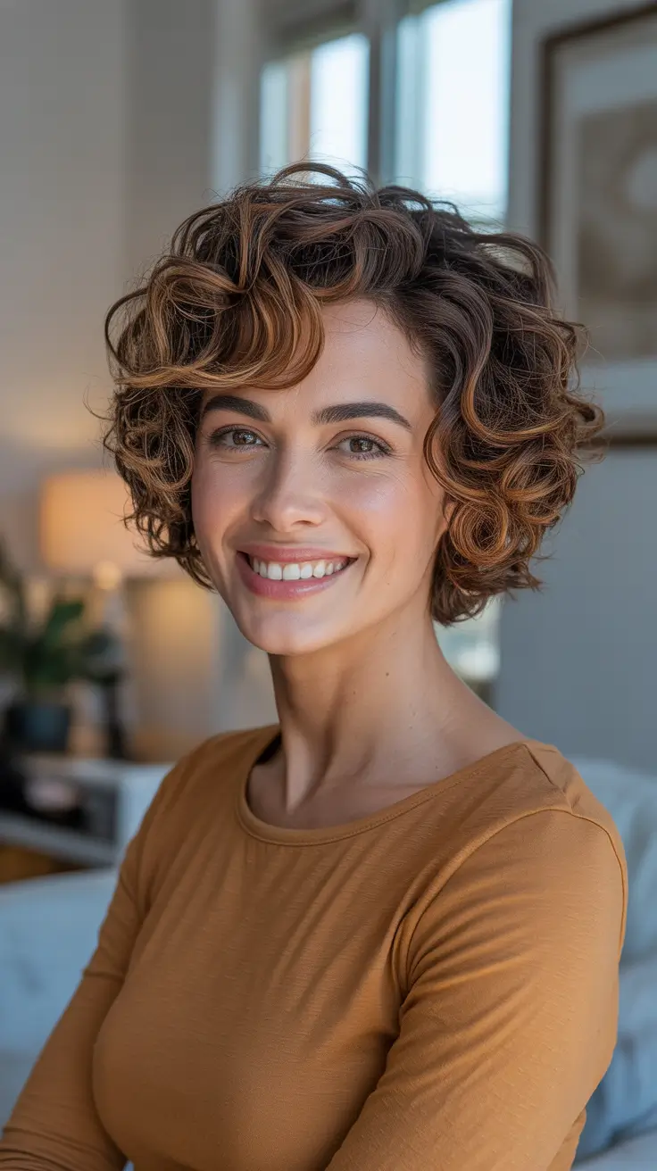 Cute short hairstyles for women 2026 - Defined Curly Bob With Warm Cinnamon Dimension