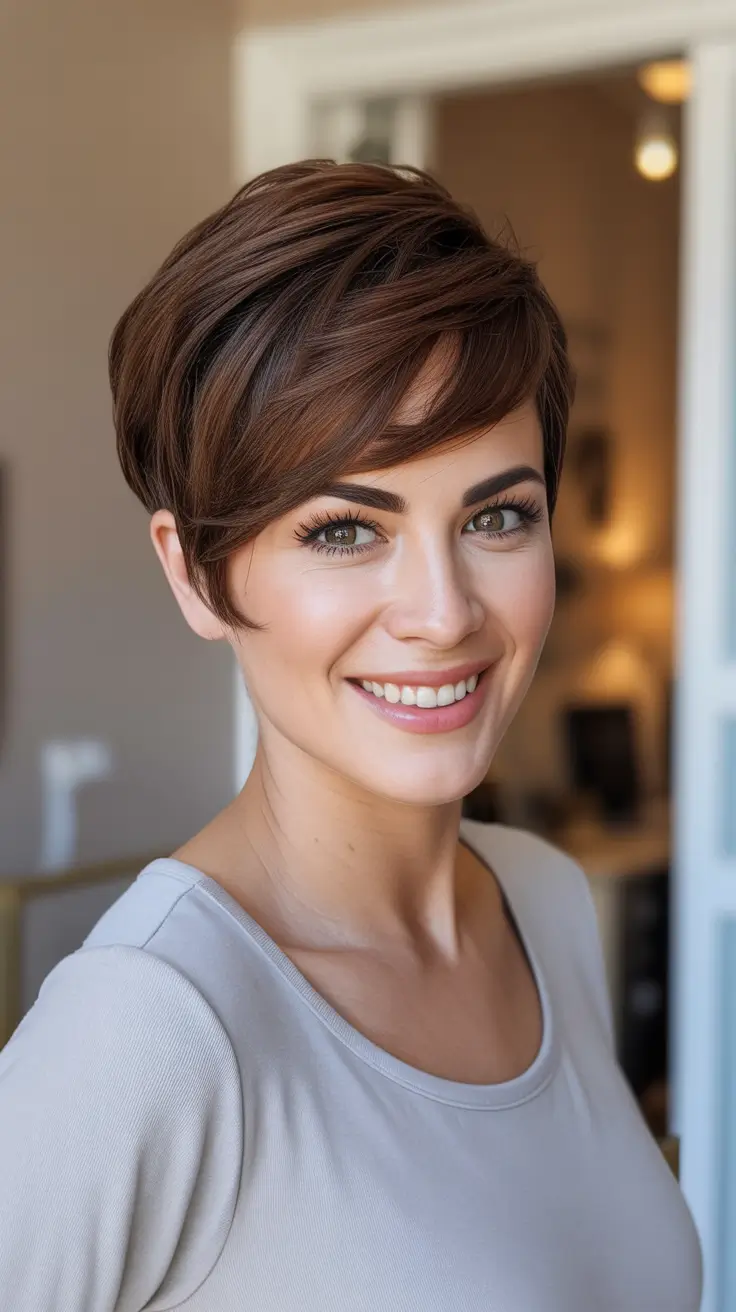 Cute short hairstyles for women 2026 - Sleek Brunette Pixie With A Clean Side Part