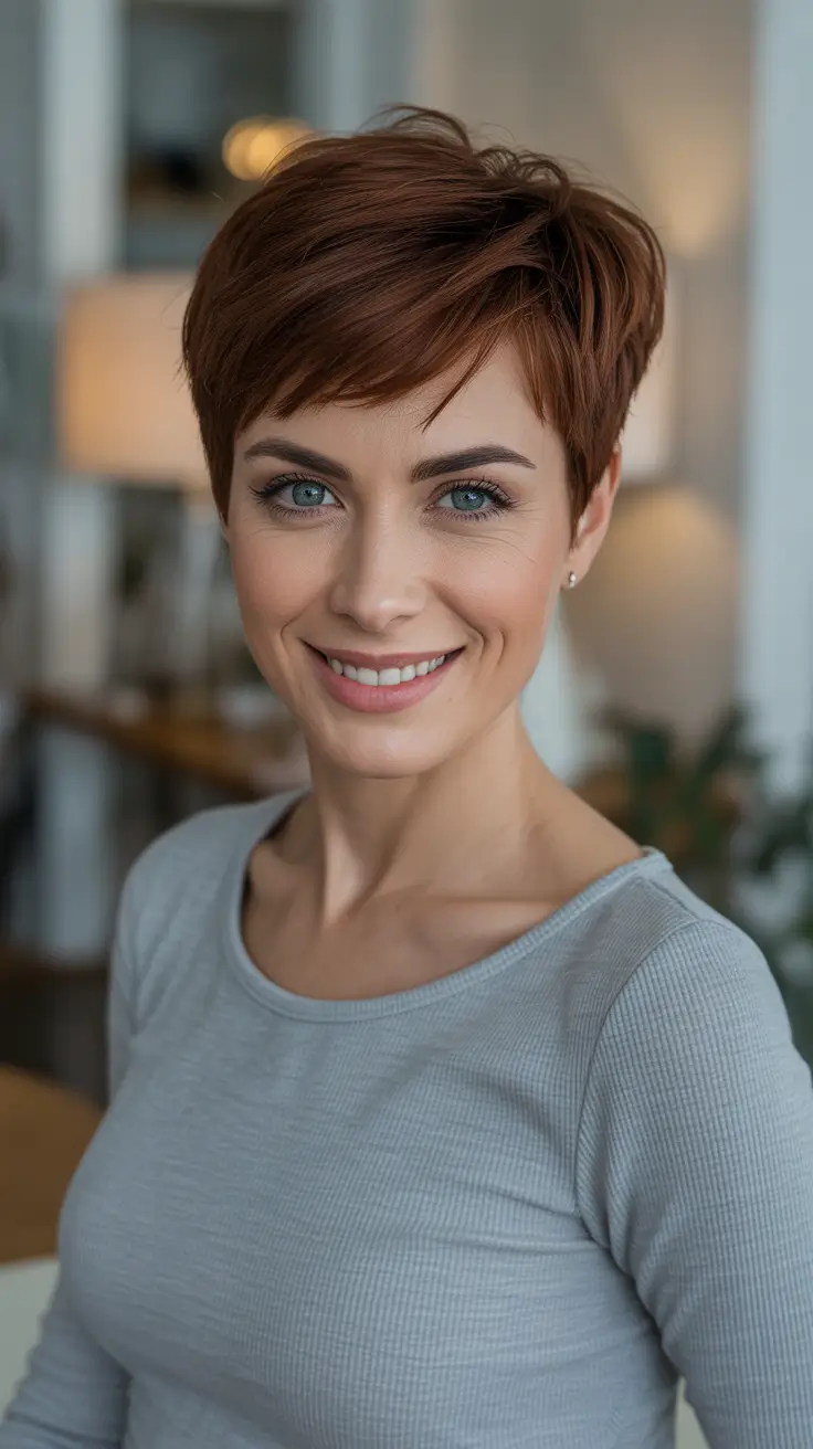 Cute short hairstyles for women 2026 Clean Auburn Pixie With Classic Micro Fringe