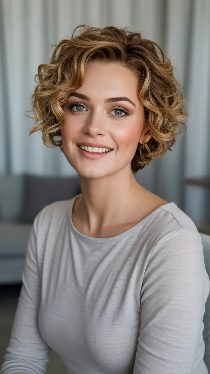 Cute short hairstyles for women 2026 - Soft Curly Crop With Defined Volume And Golden Warmth