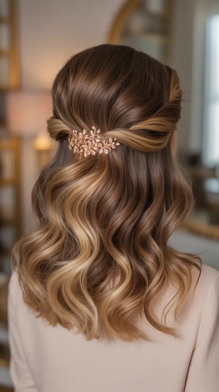 Easy hairstyle ideas 2026 - Romantic Half Up Waves With Sparkle Clip
