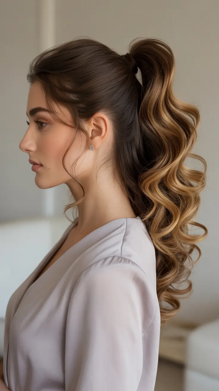 Easy hairstyle ideas 2026 - Glossy High Ponytail With Sculpted Curls