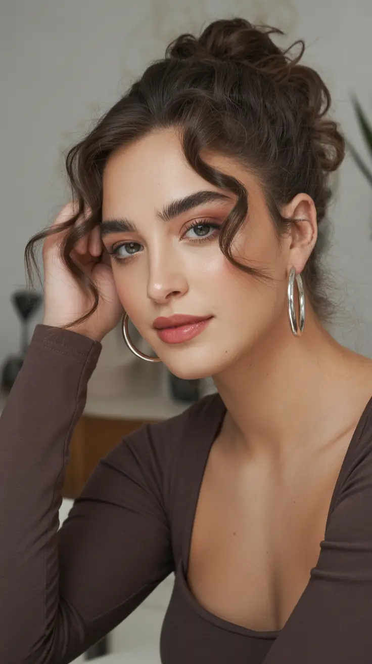 Easy hairstyle ideas 2026 Curly Top Knot With Sculpted Tendrils