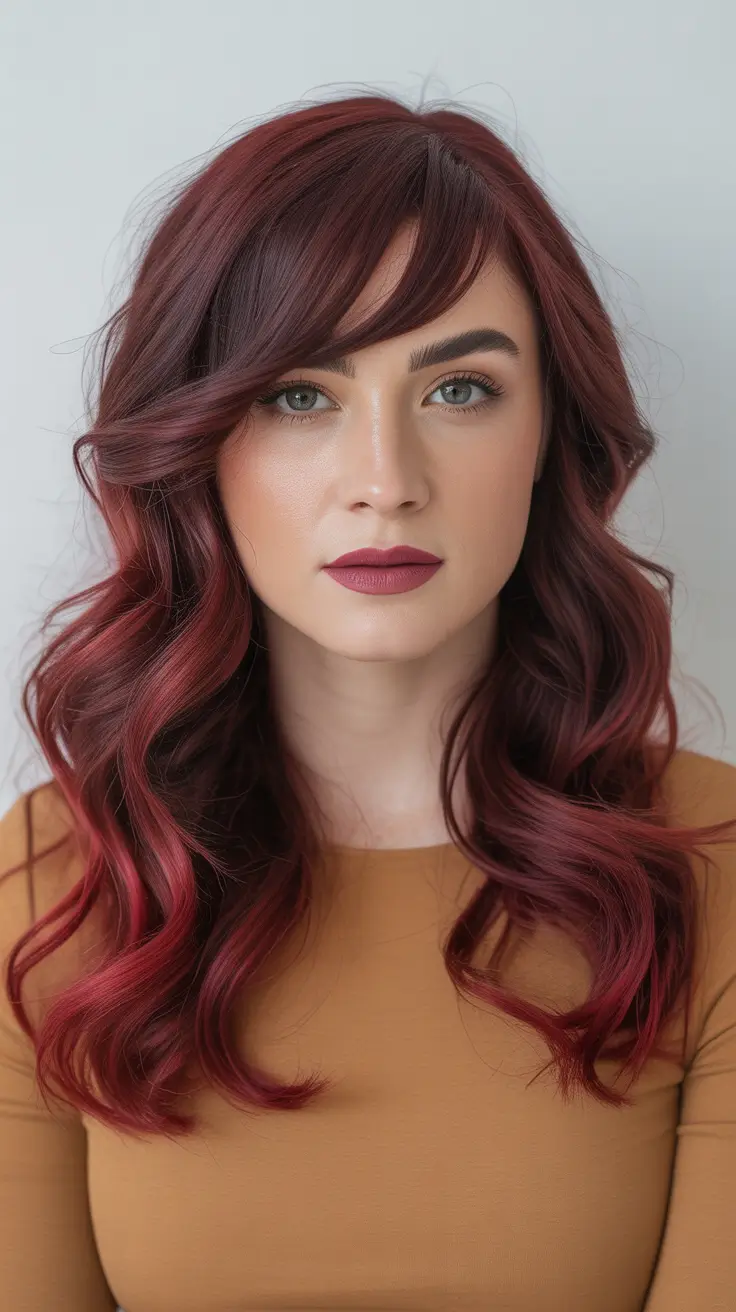 Hair Color Ideas 2026 Shades To Try - Berry Red Waves With Soft Side Fringe
