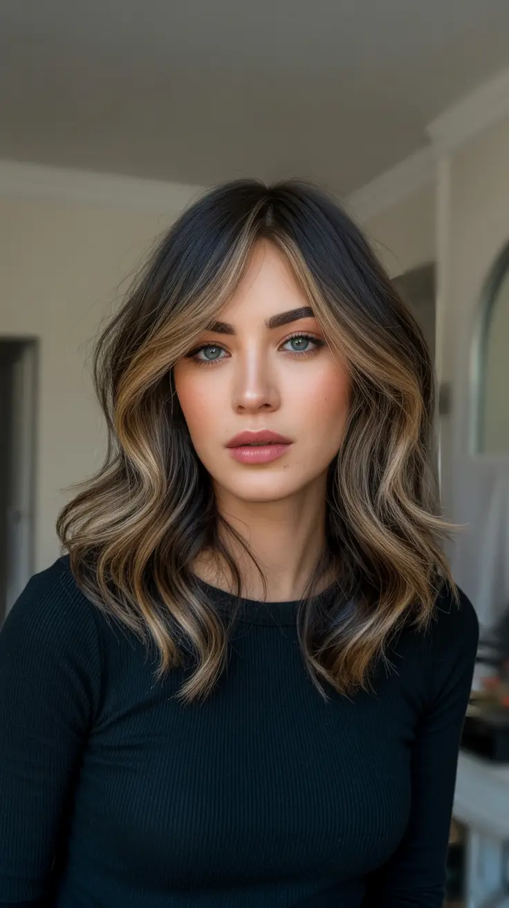 Hair Color Ideas 2026 Shades To Try - Smoky Brunette Waves With Caramel Ribbons