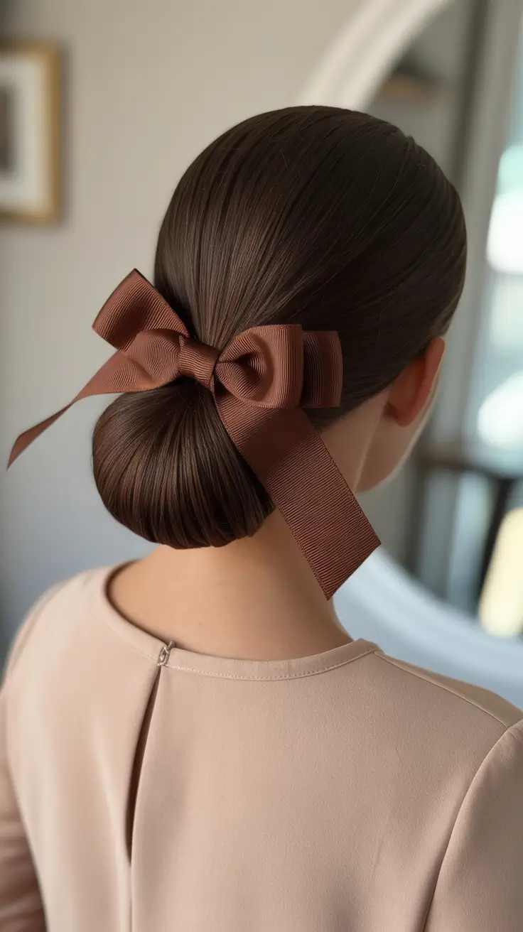 Hairstyle ideas for women 2026 - Sleek Low Bun With Statement Ribbon Bow