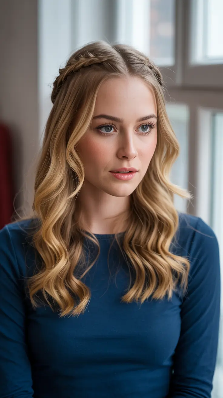 Hairstyle ideas for women 2026 - Half Up Braided Crown With Soft Medium Waves