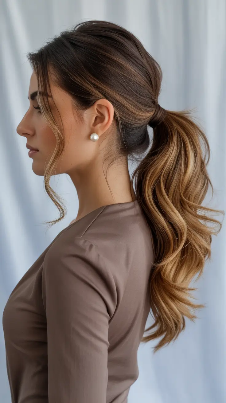 Hairstyle ideas for women 2026 - Soft Highlighted Low Ponytail With Volume