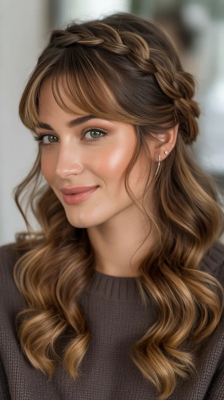 Hairstyle ideas for women 2026 - Half-Up Crown Braid With Curtain Bangs