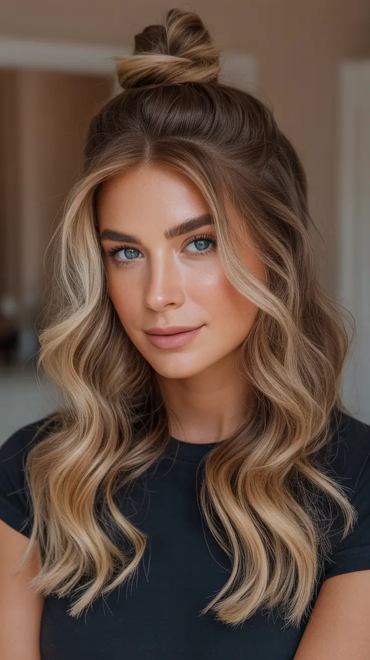 Hairstyle ideas for women 2026 - Half-Up Top Knot With Soft Blonde Waves