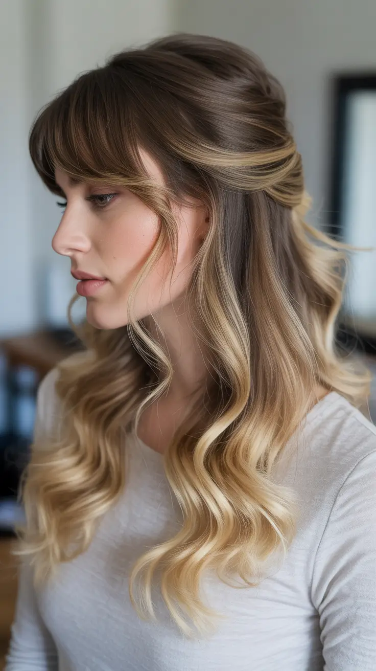 Cute half up half down hairstyles 2026 - Soft Ombre Fringe Half Up