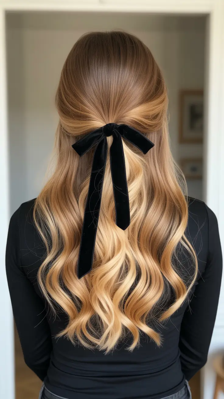 Cute half up half down hairstyles 2026 - Velvet Bow Half Up Waves