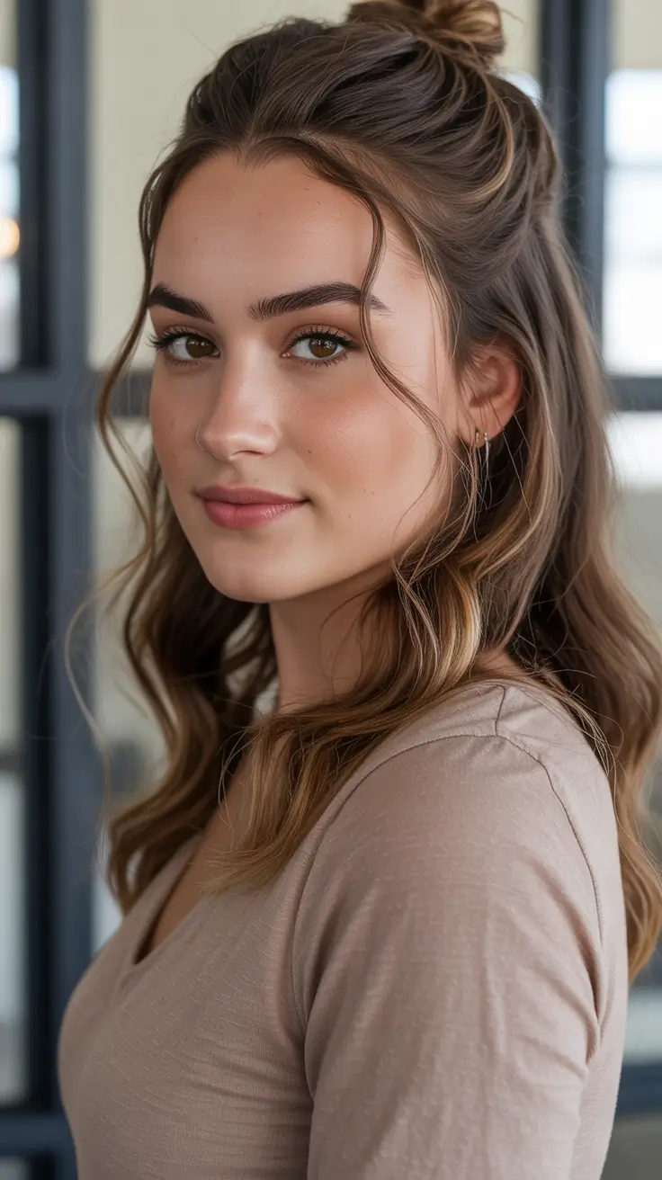 Cute half up half down hairstyles 2026 - Playful Top Knot Half Up