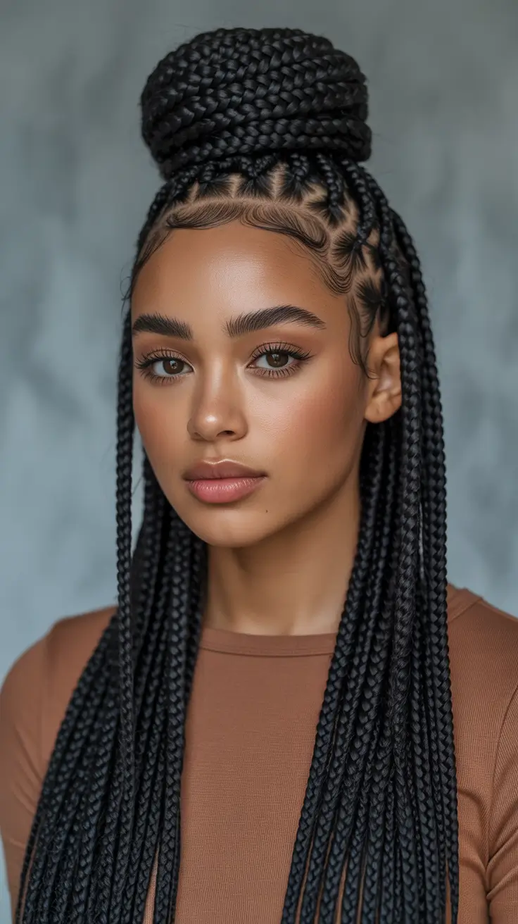 Cute half up half down hairstyles 2026 High Braided Bun With Long Tail Braids