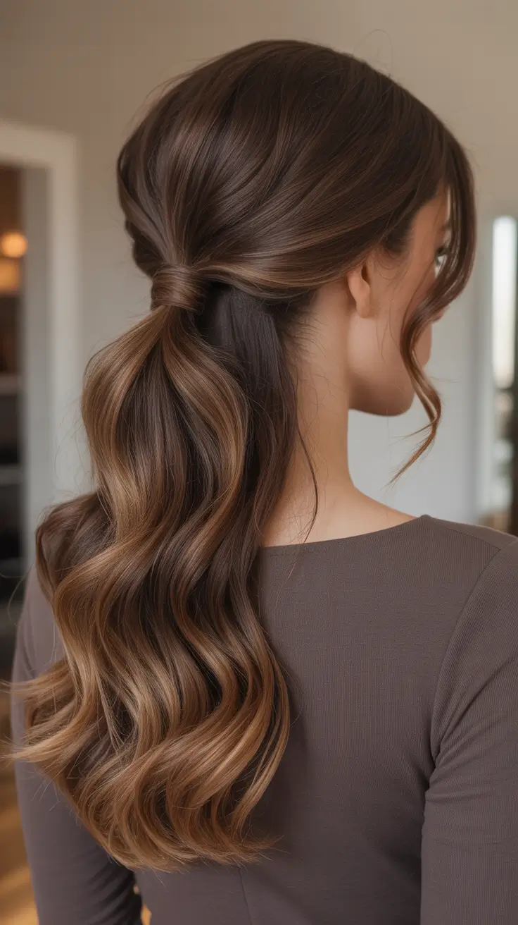 Cute half up half down hairstyles 2026 Wrapped Low Half Ponytail With Melted Waves