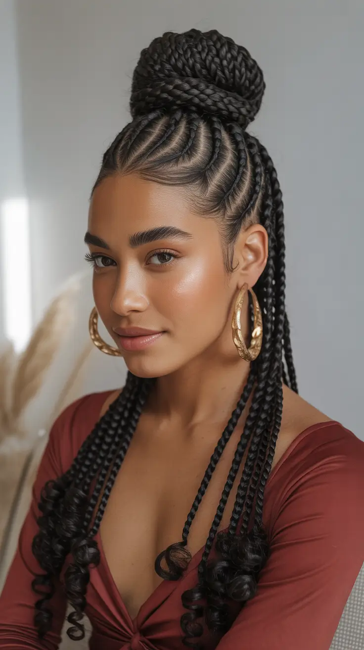 Cute half up half down hairstyles 2026 Curled Box Braids With High Bun Detail
