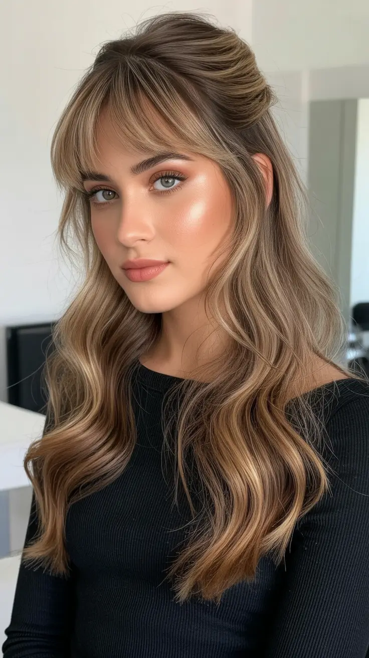 Cute half up half down hairstyles 2026 - Soft Fringe Half Up Glow