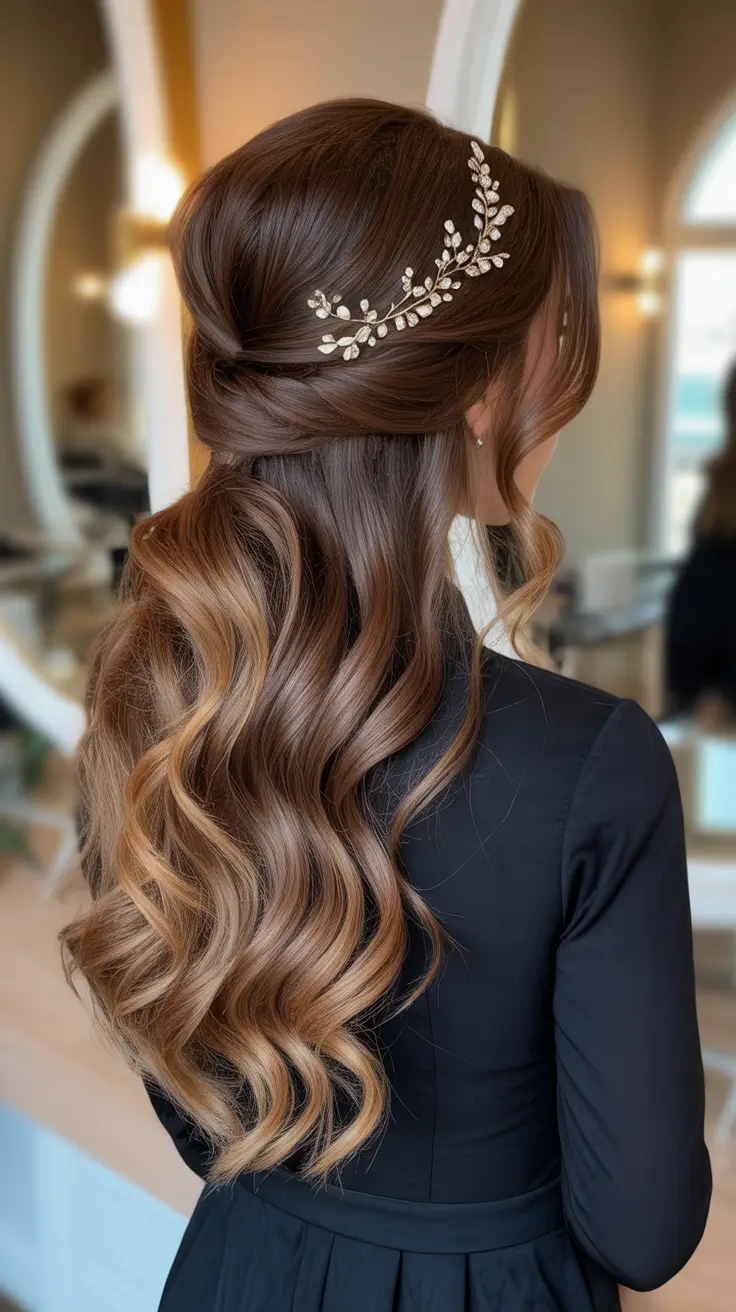 Cute half up half down hairstyles 2026 Glam Wavy Half Updo With Hair Vine