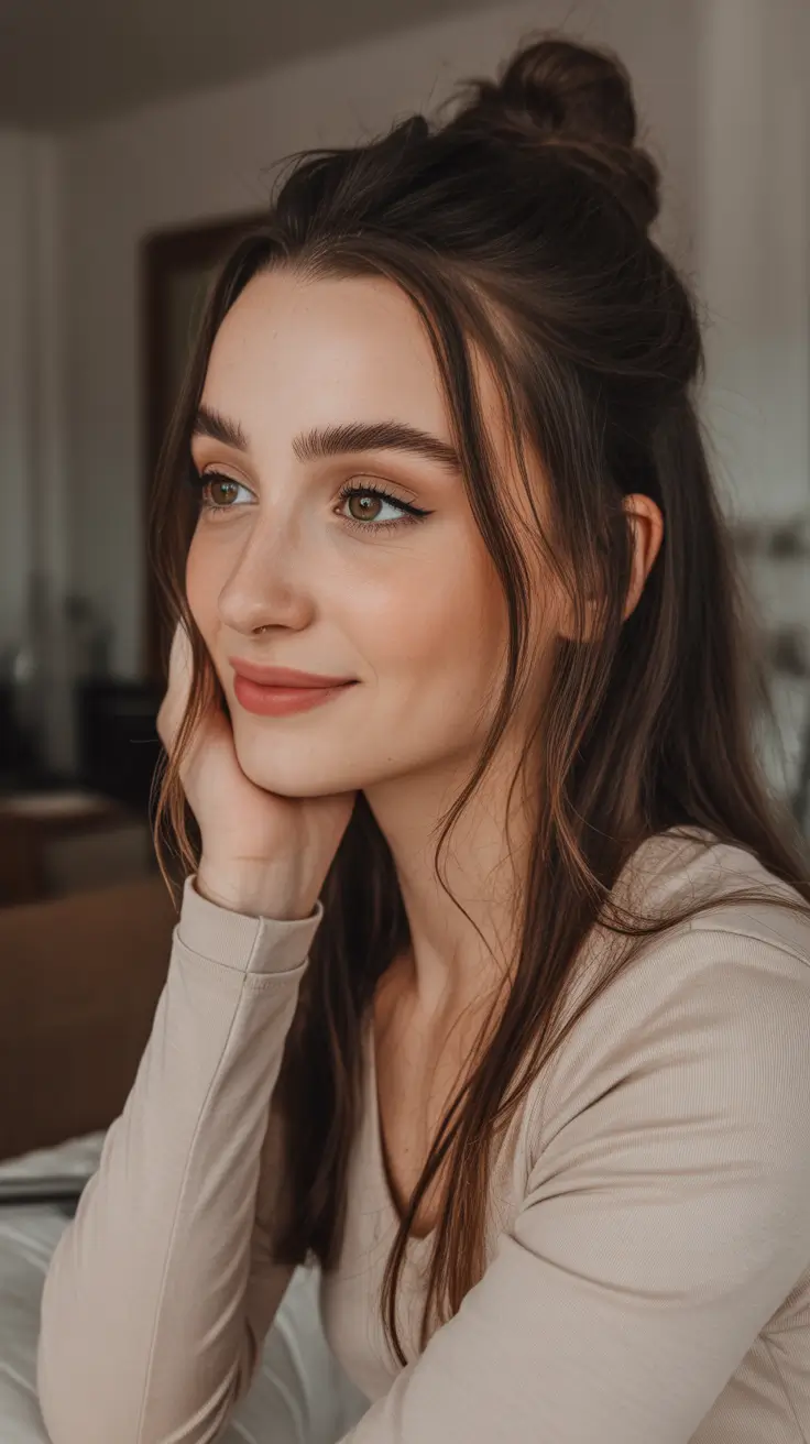 Cute half up half down hairstyles 2026 Soft Mini Bun With Face Framing Waves