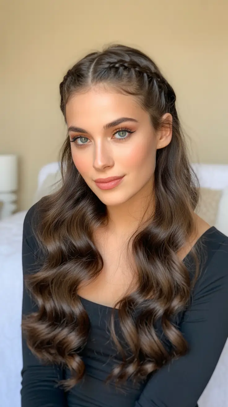 Cute half up half down hairstyles 2026 Braided Crown With Glossy Waves