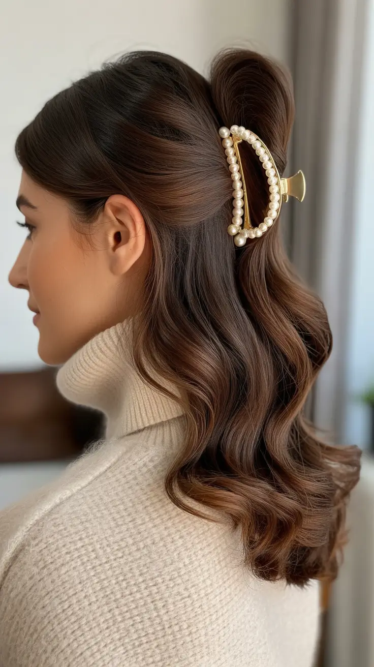 Cute half up half down hairstyles 2026 Pearl Clip Half Up For Cozy Days