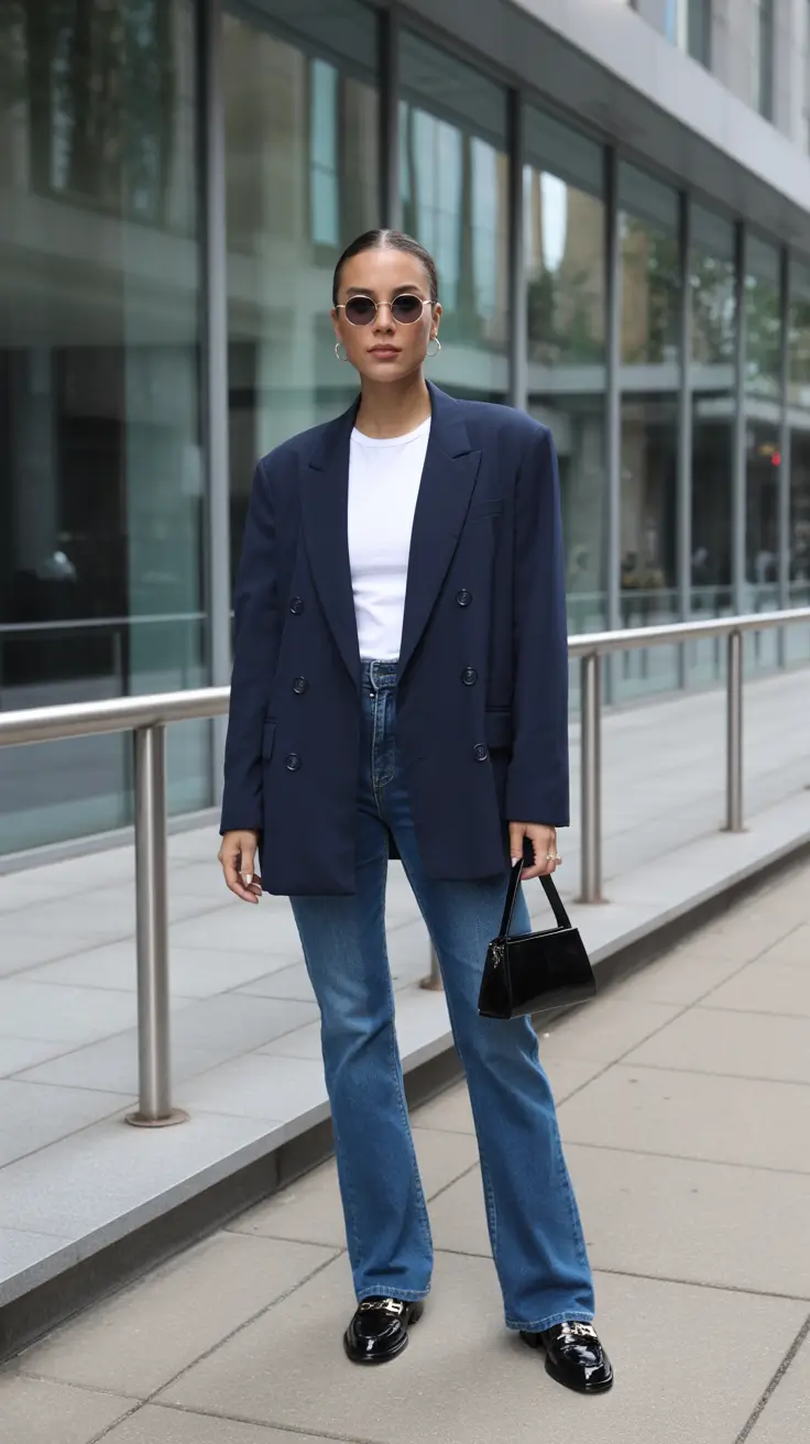 Modern business casual outfits for women 2026 - Double-Breasted Navy And Clean Denim