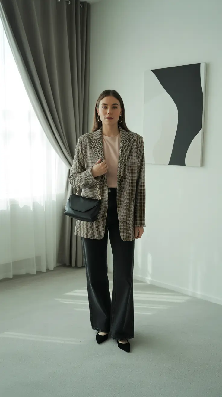 Modern Business Casual Outfits For Women 2026 - Checked Blazer With Soft Pastel Layering