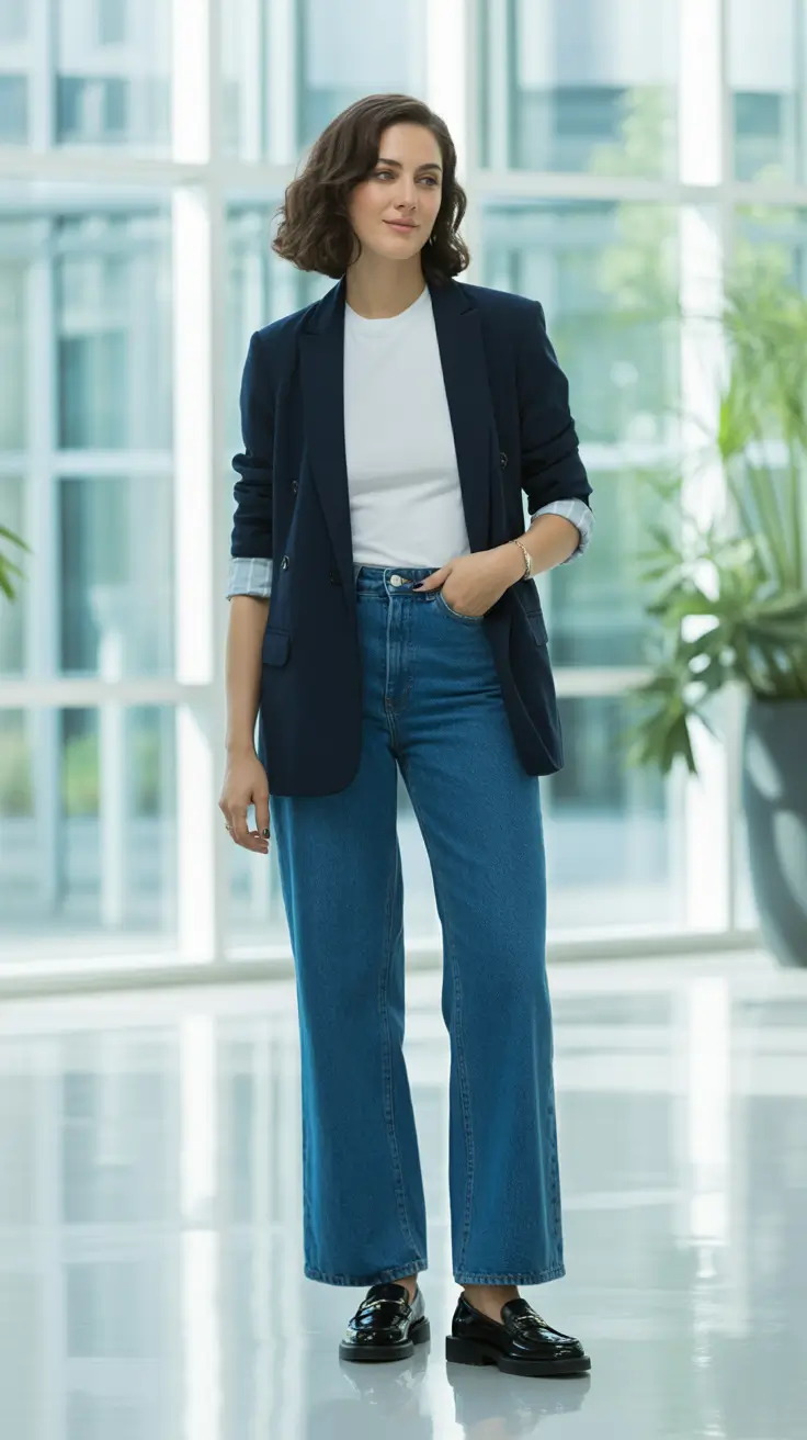 Modern Business Casual Outfits For Women 2026 - Navy Blazer And Wide Leg Denim Classic