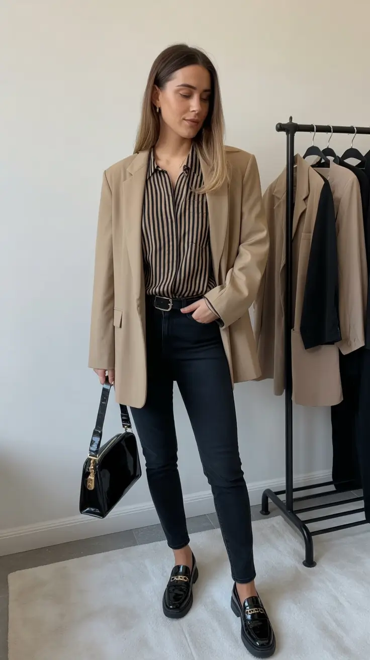 Modern Business Casual Outfits For Women 2026 - Striped Shirt And Camel Blazer Slimline Look
