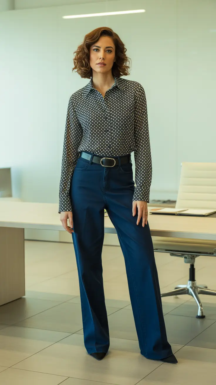 Modern business casual outfits for women 2026 - Printed Shirt And Deep Navy Trousers