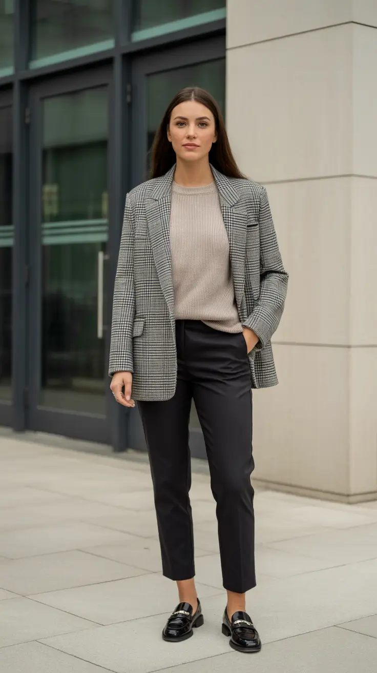 Modern business casual outfits for women 2026 - Check Blazer And Cropped City Pants