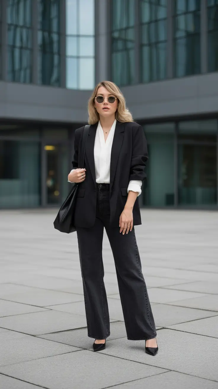 Modern business casual outfits for women 2026 - Monochrome Black Denim Power Look