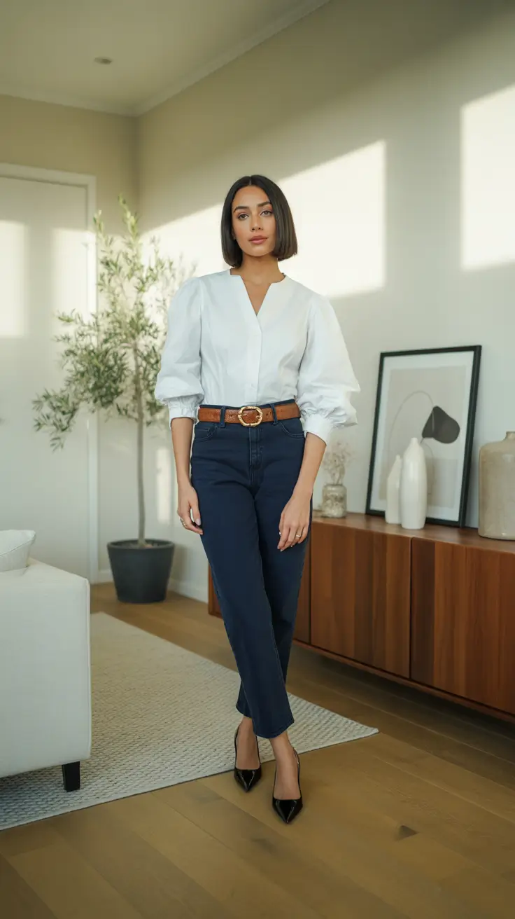 Modern Business Casual Outfits For Women 2026 - Crisp White Shirt With Elevated Dark Denim
